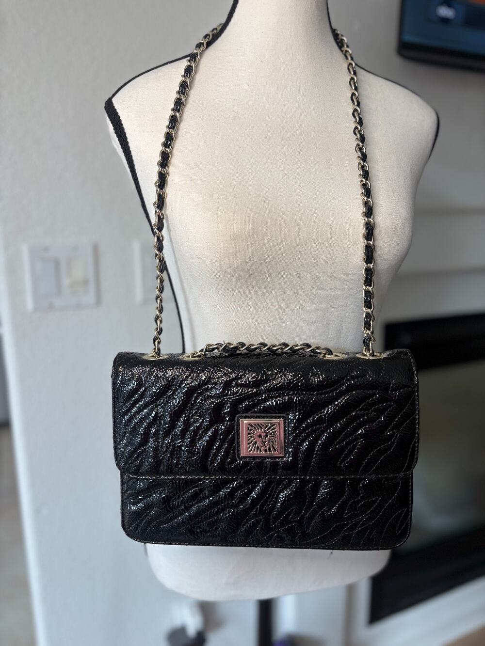 Anne Klein Quilted Black Patent Purse Handbag Gold Chain Strap Vintage